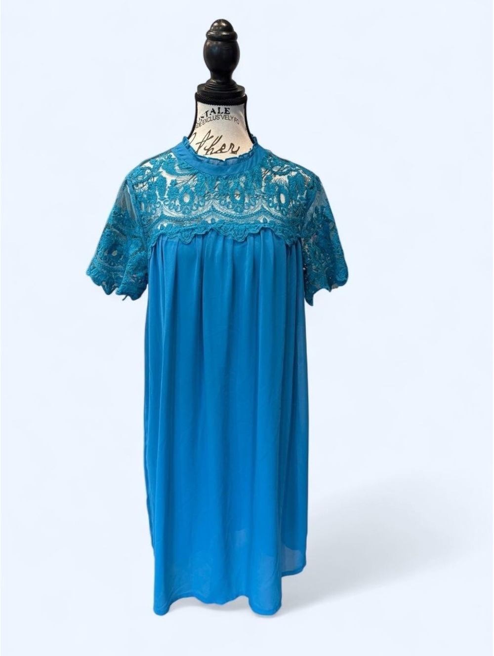 Blue Lace Detail Short Sleeve Dress